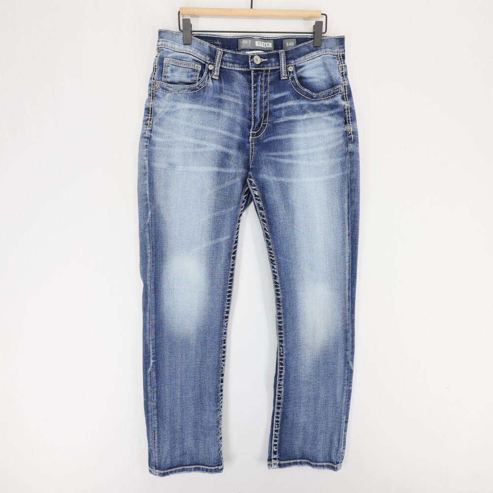 BKE Tyler Jeans Mens 34R Blue Straight Leg Stretch Medium Wash Faded Denim